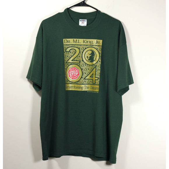 Vintage Y2K Jerzees 2004 Dr. Martin Luther King Jr. Green and Gold T-Shirt - Picture 1 of 8